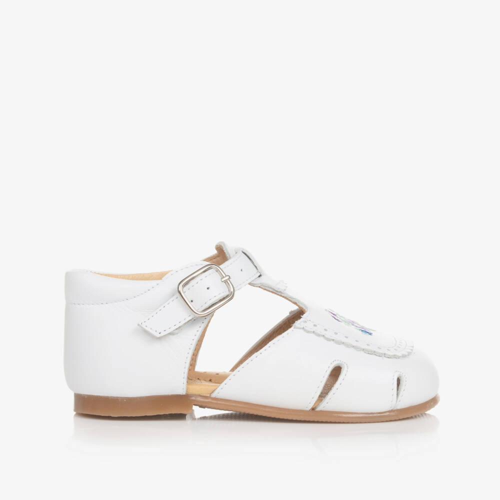 Beatrice & George-Girls White Embroidered Floral Leather Shoes | Childrensalon