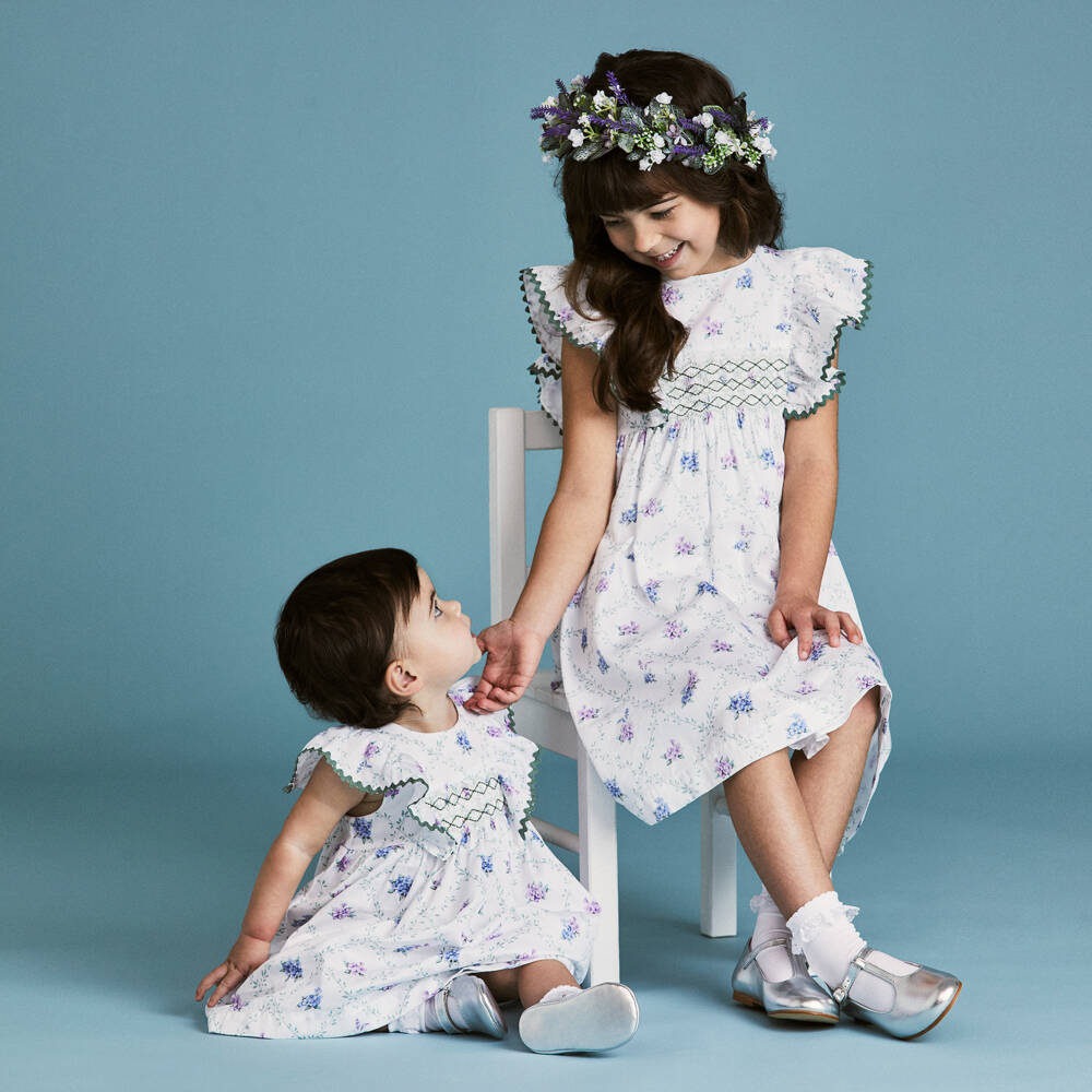 Beatrice & George-Girls White Floral Smocked Cotton Dress  | Childrensalon