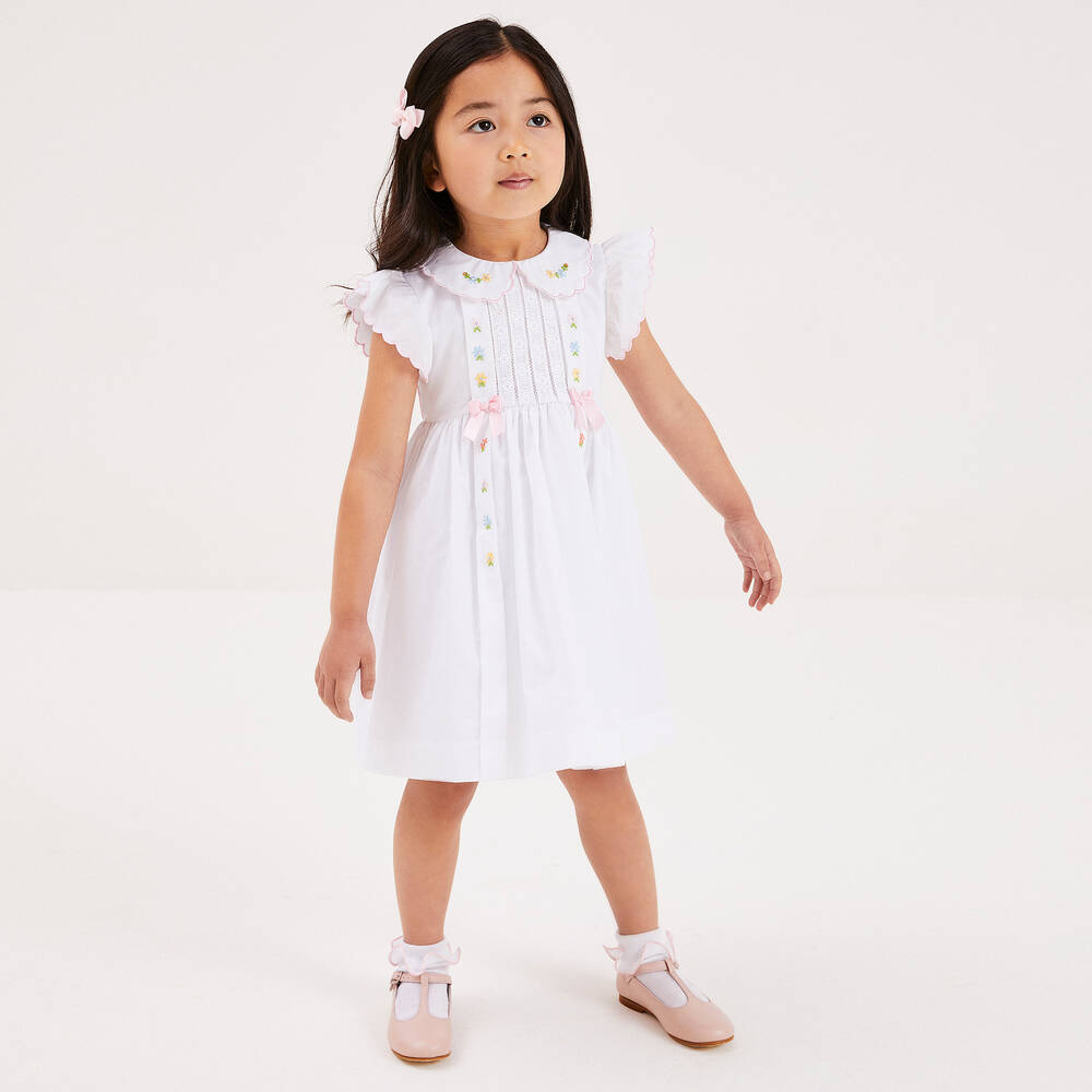 Beatrice & George-Girls White Hand-Embroidered Cotton Dress | Childrensalon
