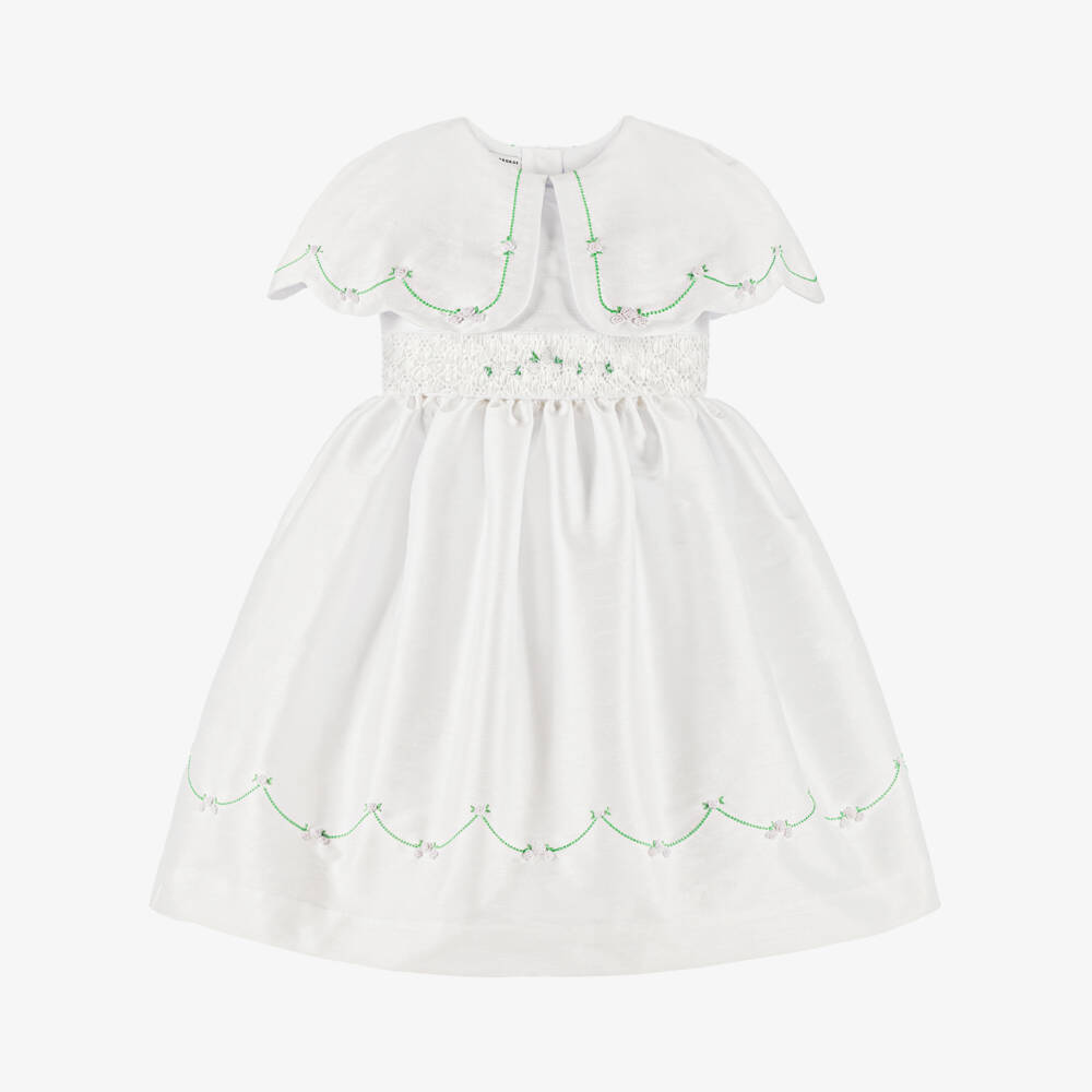 Beatrice & George-Girls White Hand-Smocked Dupion Dress with Cape Collar | Childrensalon