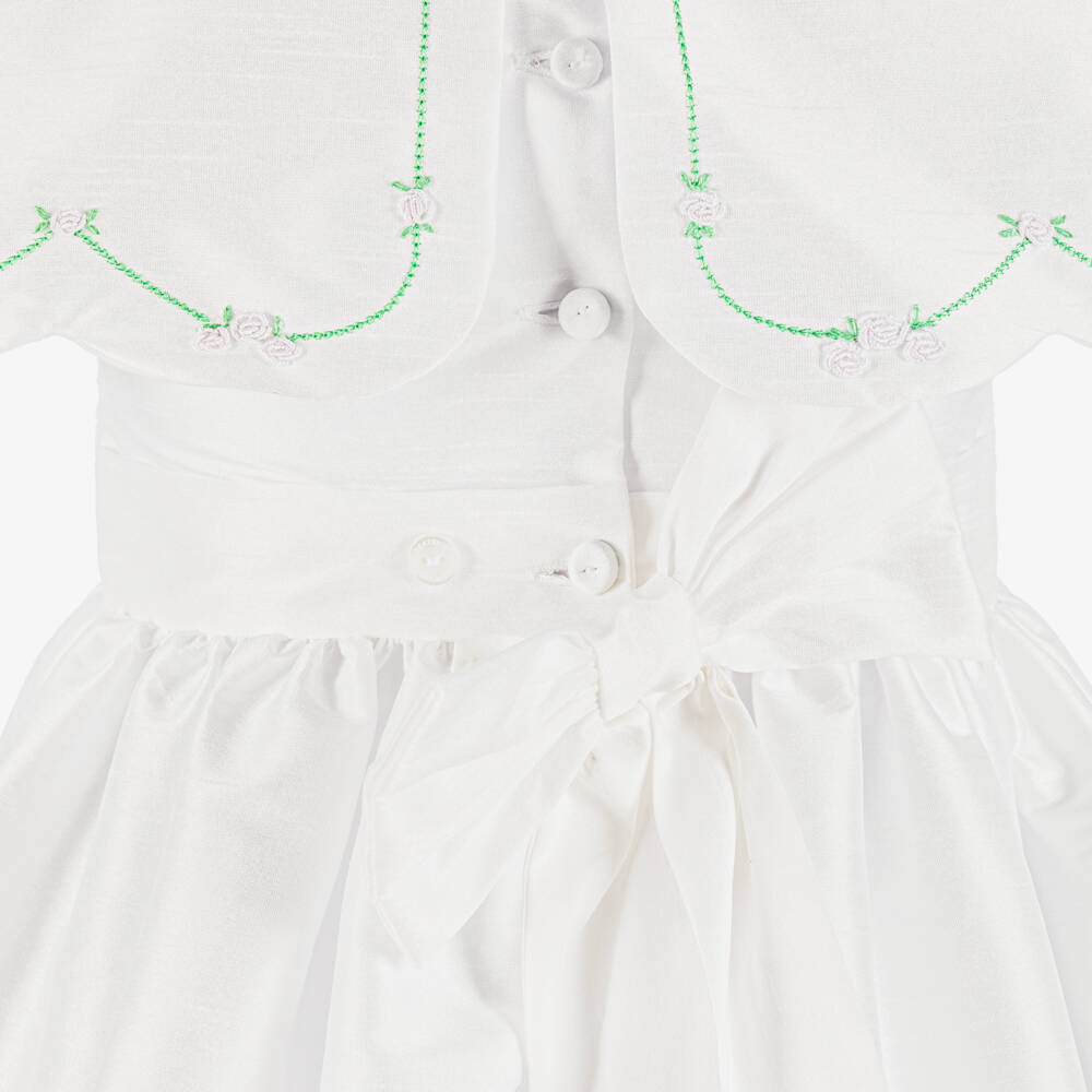 Beatrice & George-Girls White Hand-Smocked Dupion Dress with Cape Collar | Childrensalon