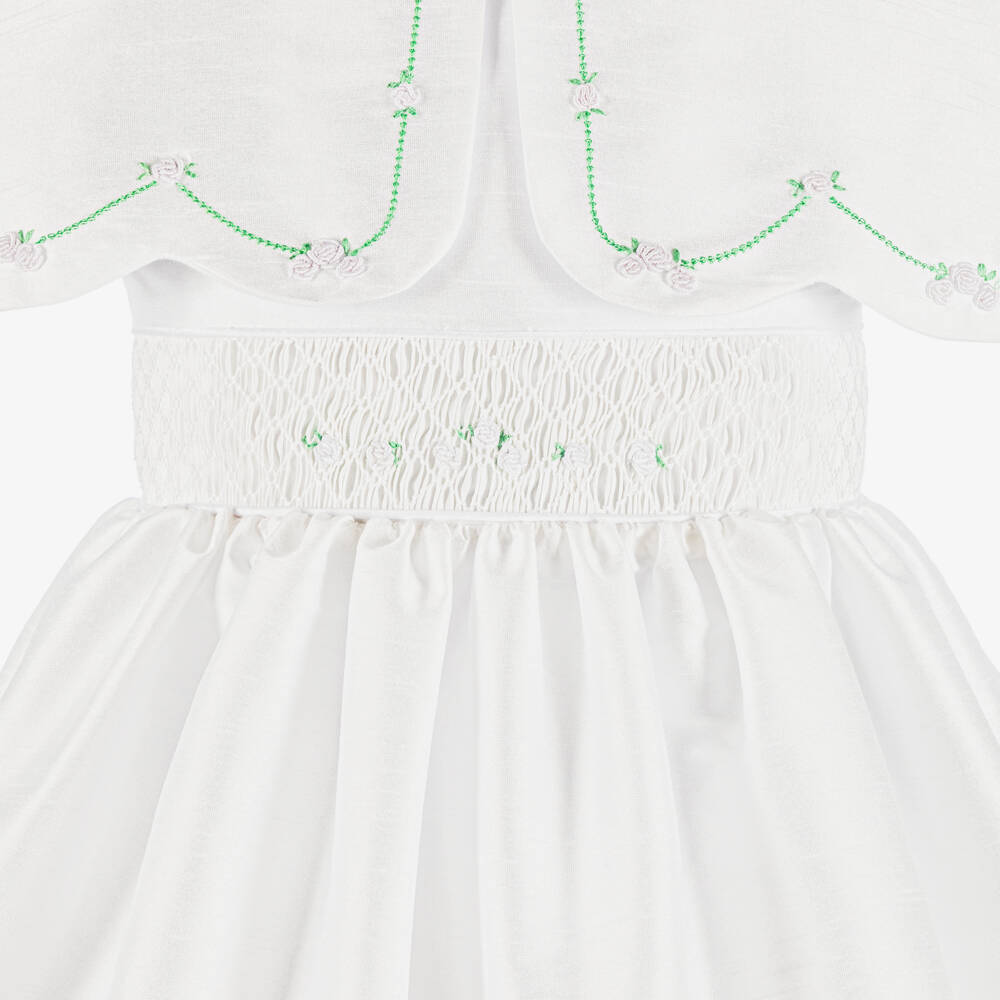 Beatrice & George-Girls White Hand-Smocked Dupion Dress with Cape Collar | Childrensalon