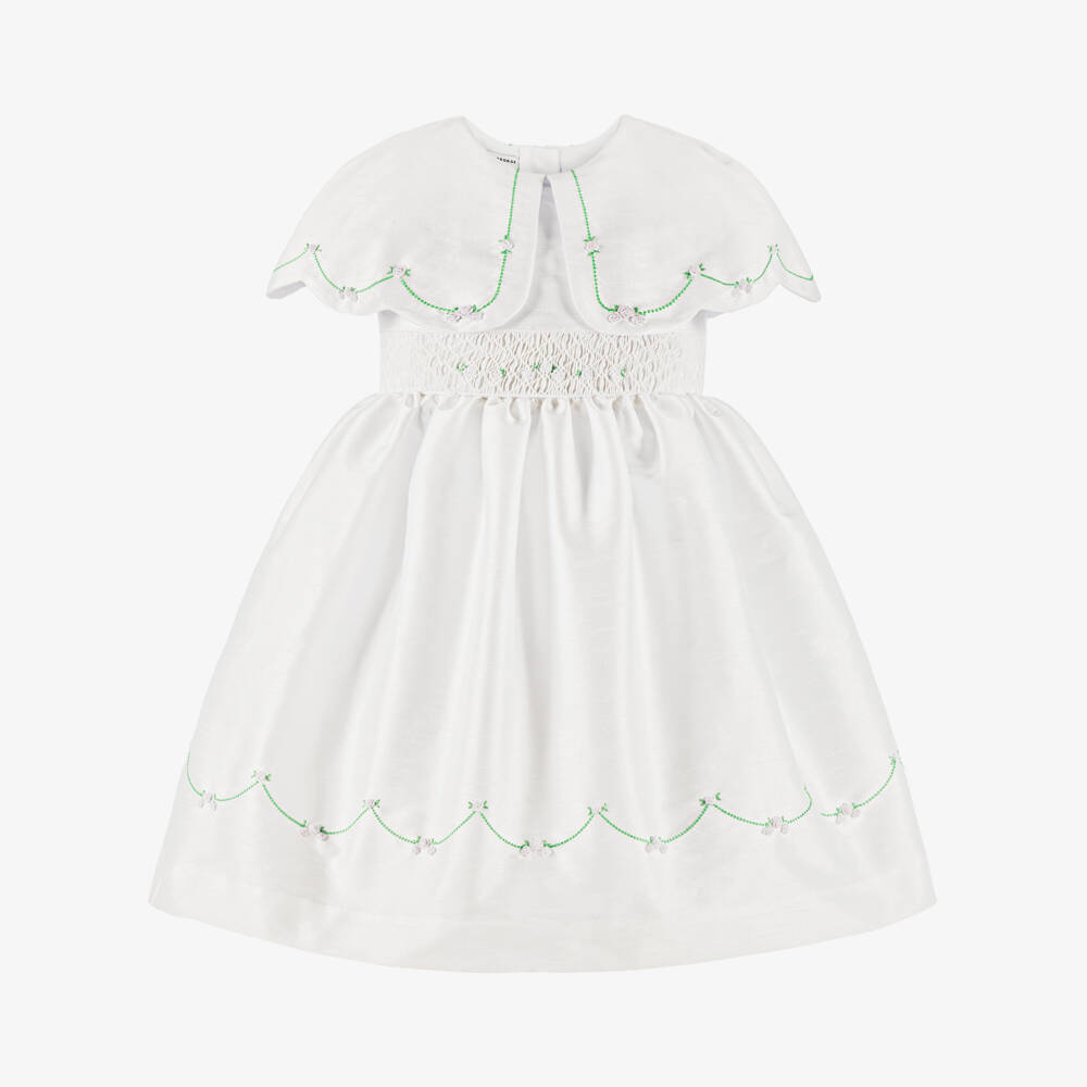 Beatrice & George-Girls White Hand-Smocked Dupion Dress with Cape Collar | Childrensalon