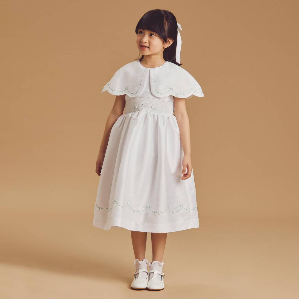 Beatrice & George-Girls White Hand-Smocked Dupion Dress with Cape Collar | Childrensalon