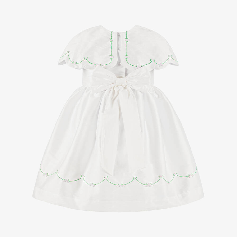 Beatrice & George-Girls White Hand-Smocked Dupion Dress with Cape Collar | Childrensalon