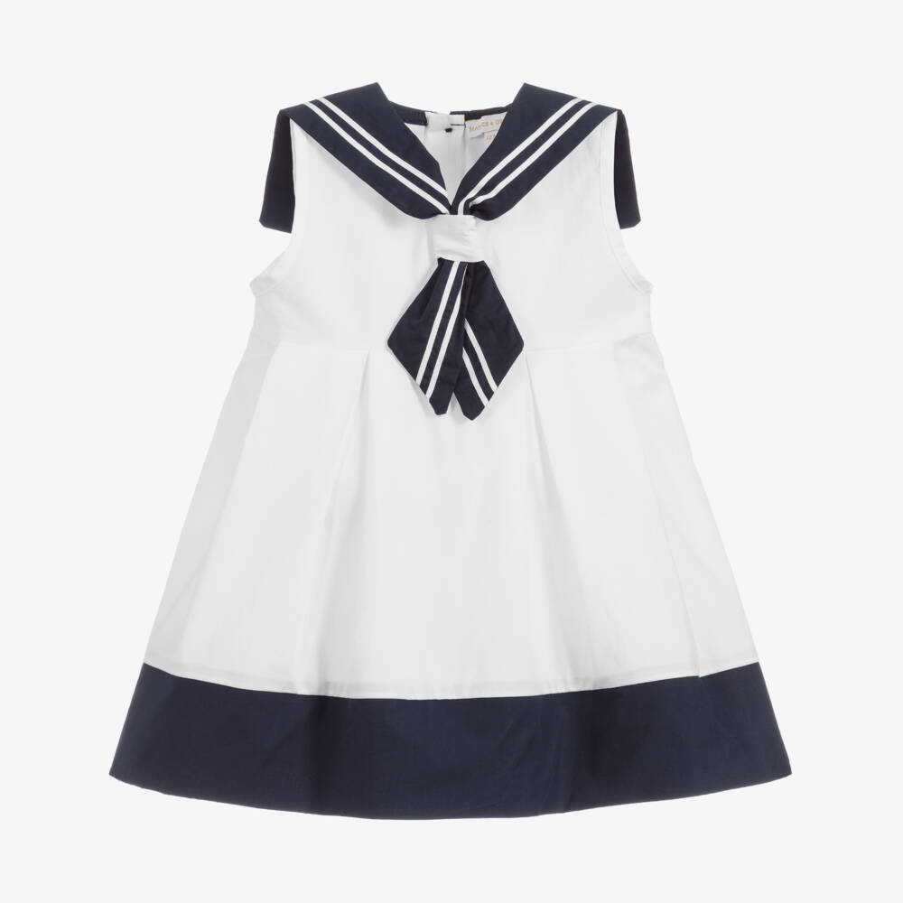 Beatrice & George-Girls White & Navy Blue Cotton Sailor Dress | Childrensalon
