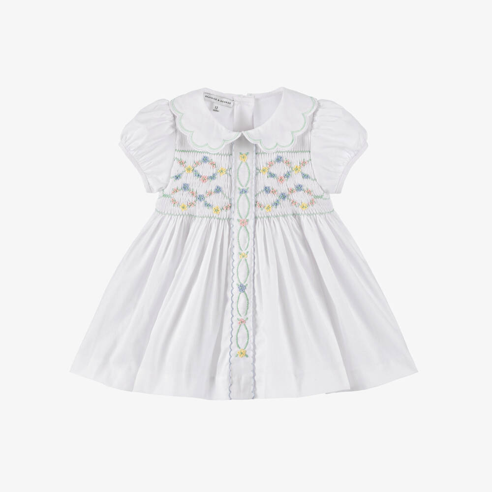 Beatrice & George-Girls White Smocked Cotton Dress with Floral Embroidery | Childrensalon