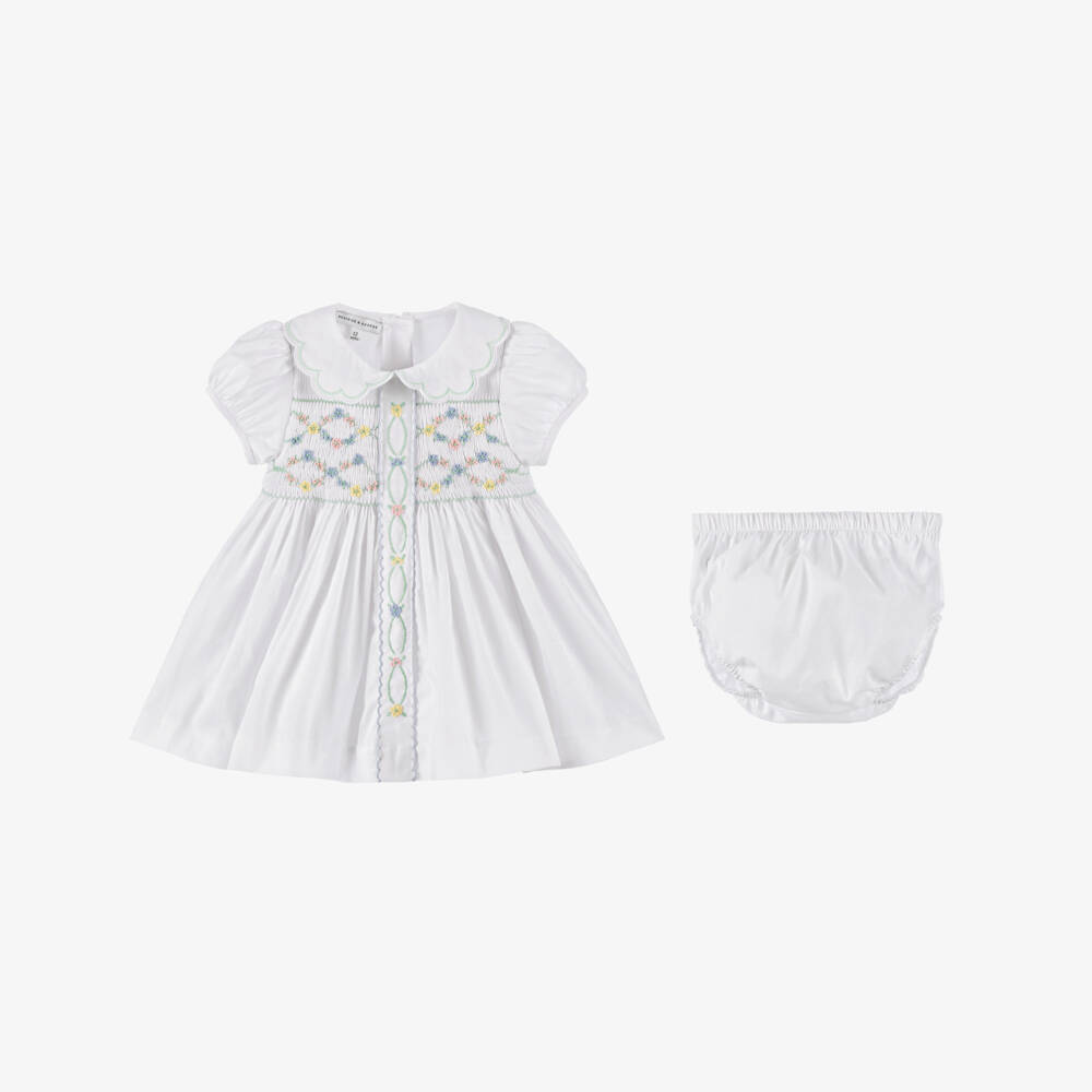 Beatrice & George-Girls White Smocked Cotton Dress with Floral Embroidery | Childrensalon