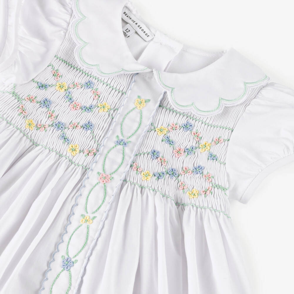 Beatrice & George-Girls White Smocked Cotton Dress with Floral Embroidery | Childrensalon