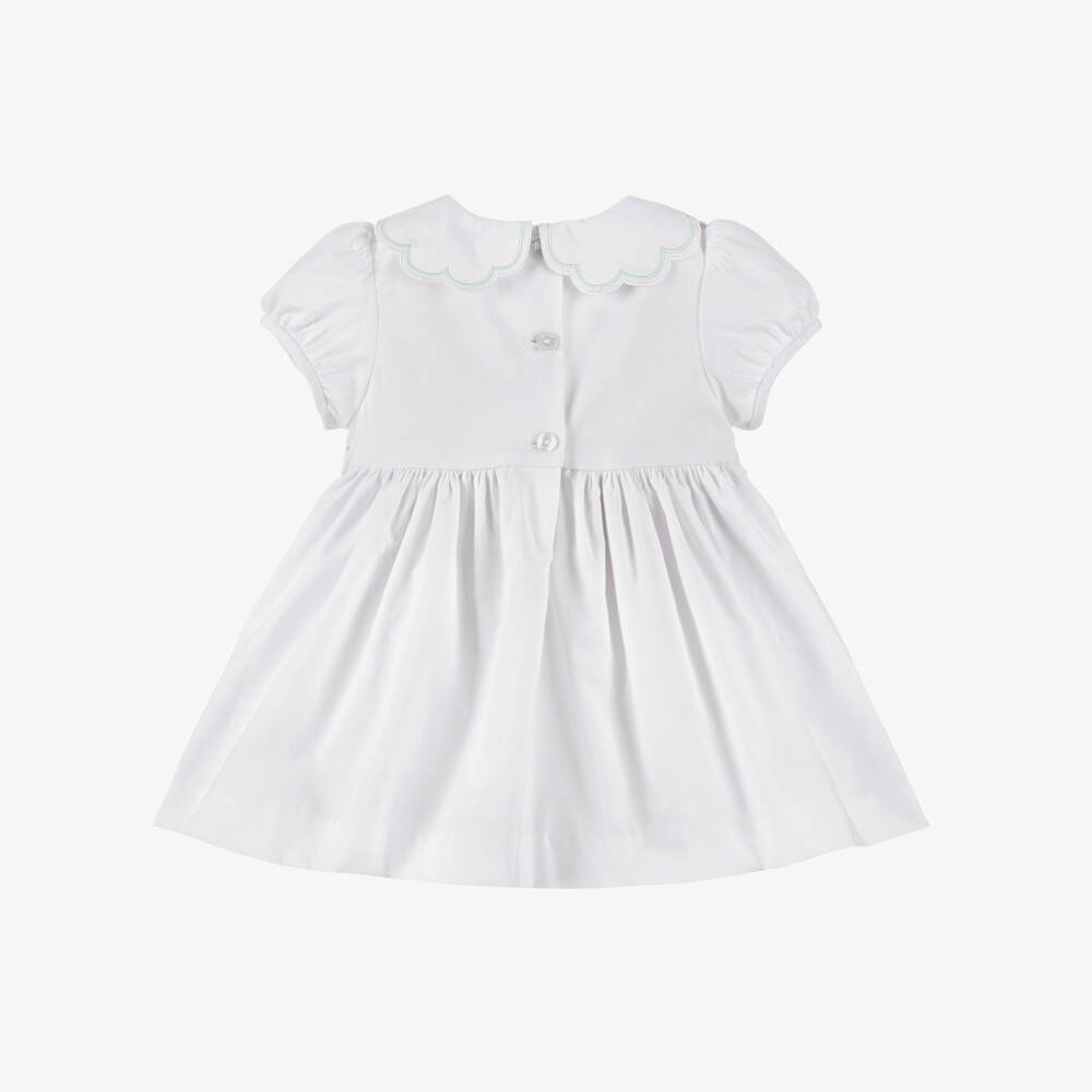 Beatrice & George-Girls White Smocked Cotton Dress with Floral Embroidery | Childrensalon