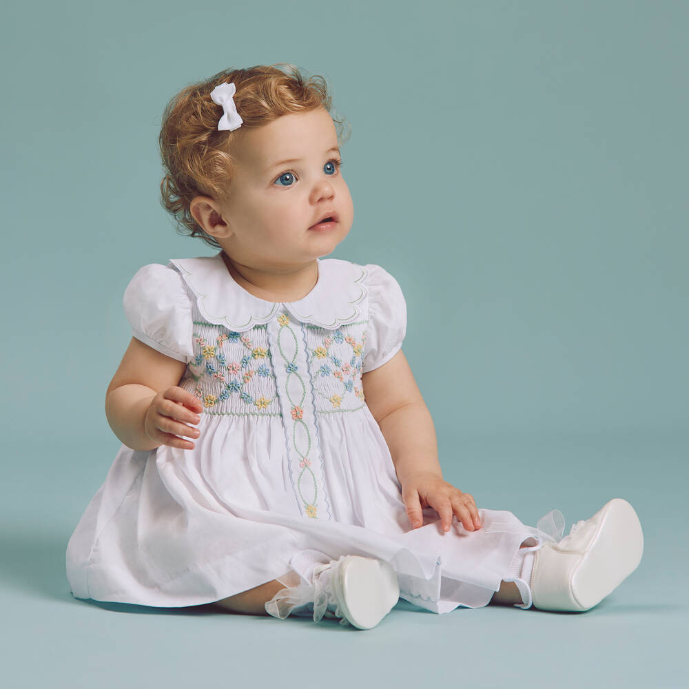 Beatrice & George-Girls White Smocked Cotton Dress with Floral Embroidery | Childrensalon