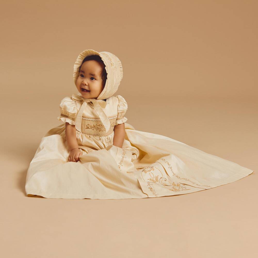 Beatrice & George-Gold Hand-Smocked Dupion Ceremony Gown & Bonnet Set | Childrensalon