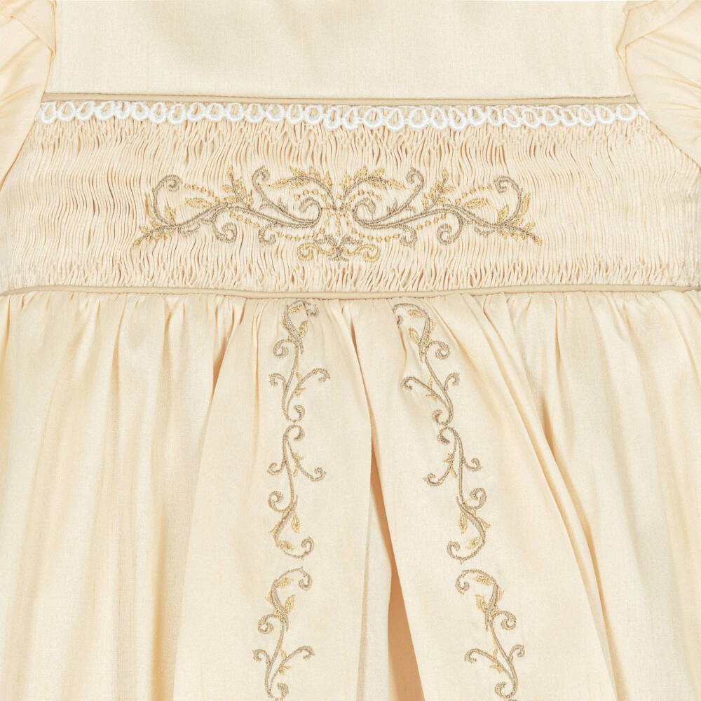 Beatrice & George-Gold Hand-Smocked Dupion Ceremony Gown & Bonnet Set | Childrensalon