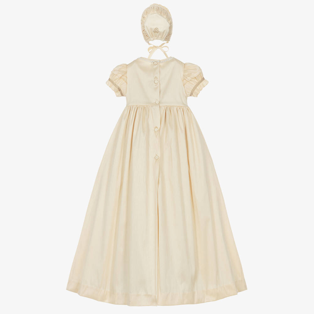 Beatrice & George-Gold Hand-Smocked Dupion Ceremony Gown & Bonnet Set | Childrensalon