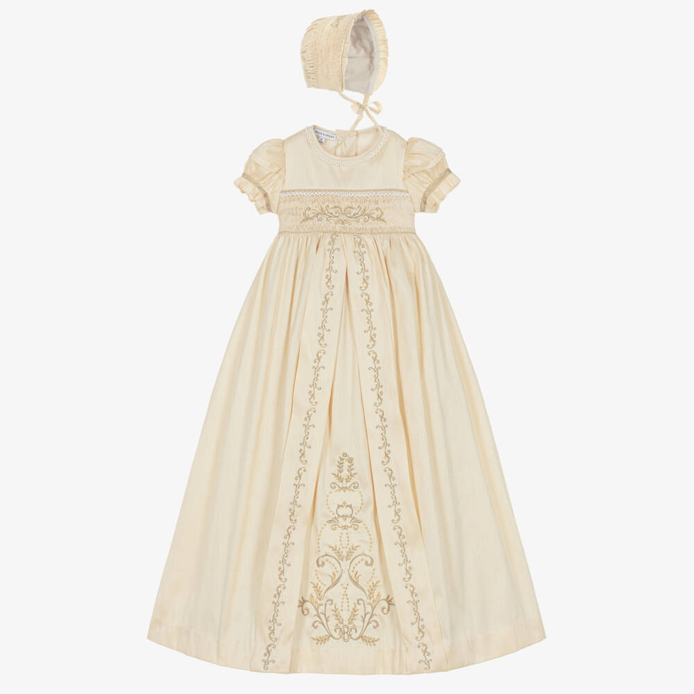 Beatrice & George-Gold Hand-Smocked Dupion Ceremony Gown & Bonnet Set | Childrensalon
