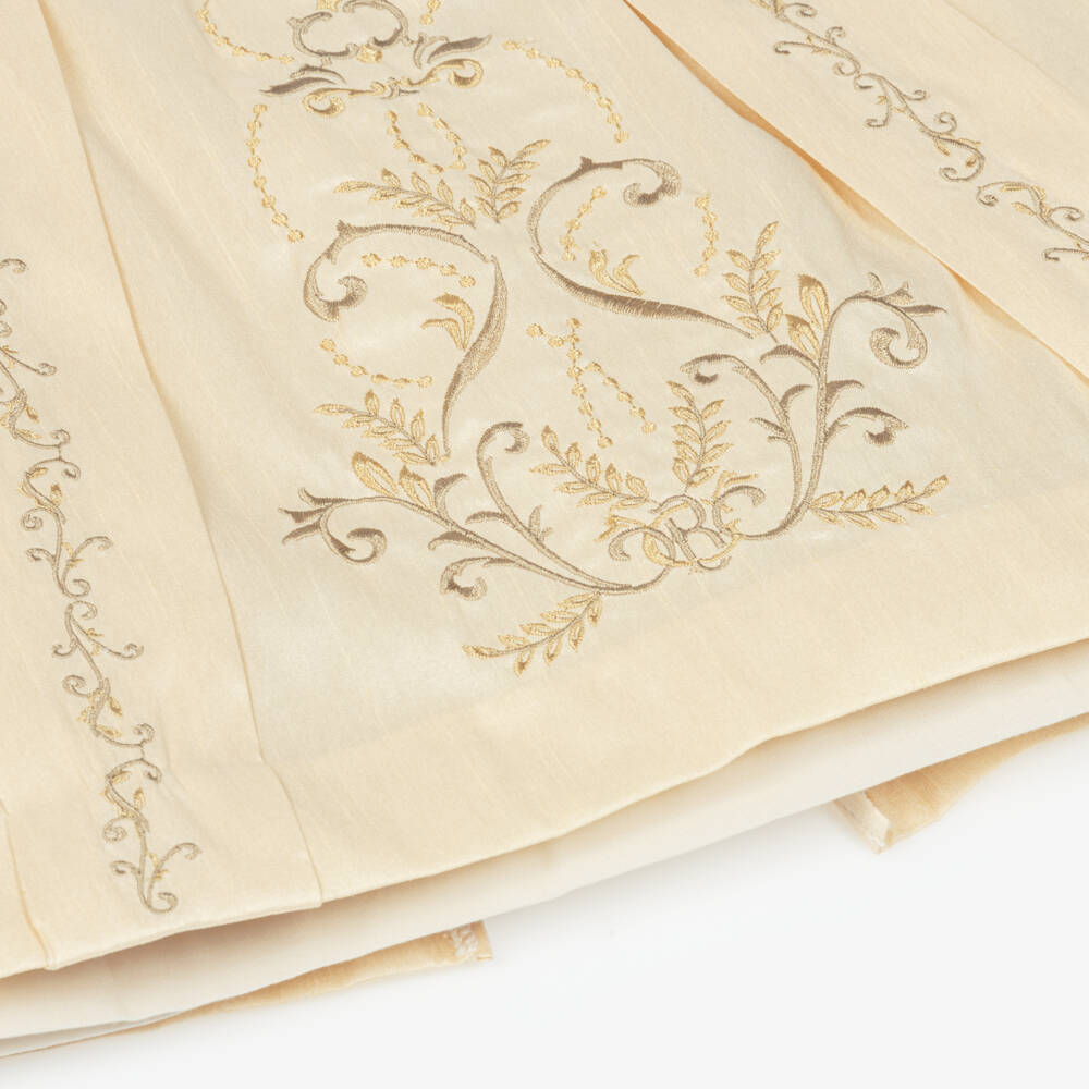 Beatrice & George-Gold Hand-Smocked Dupion Ceremony Gown & Bonnet Set | Childrensalon