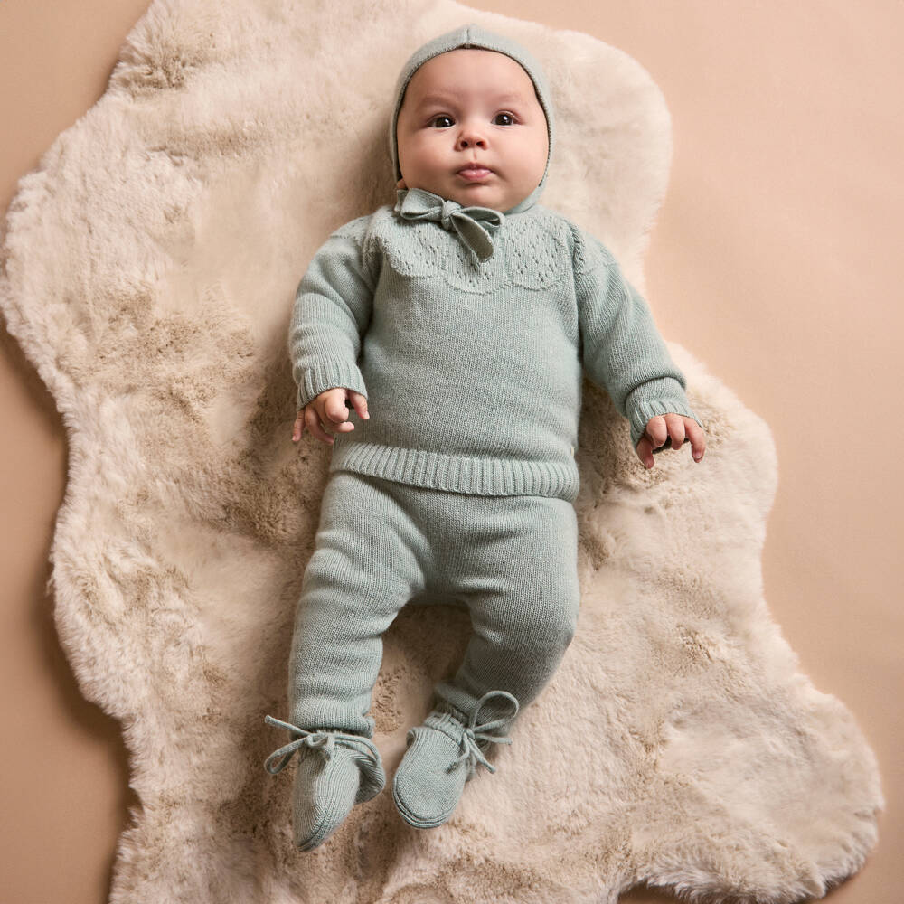 Beatrice & George-Green Knitted Babygrow Set with Wool & Cashmere | Childrensalon