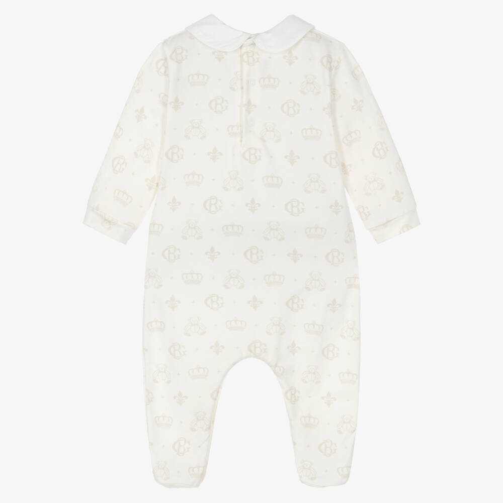 Beatrice & George-Ivory & Beige Cotton Monogram Babygrow | Childrensalon