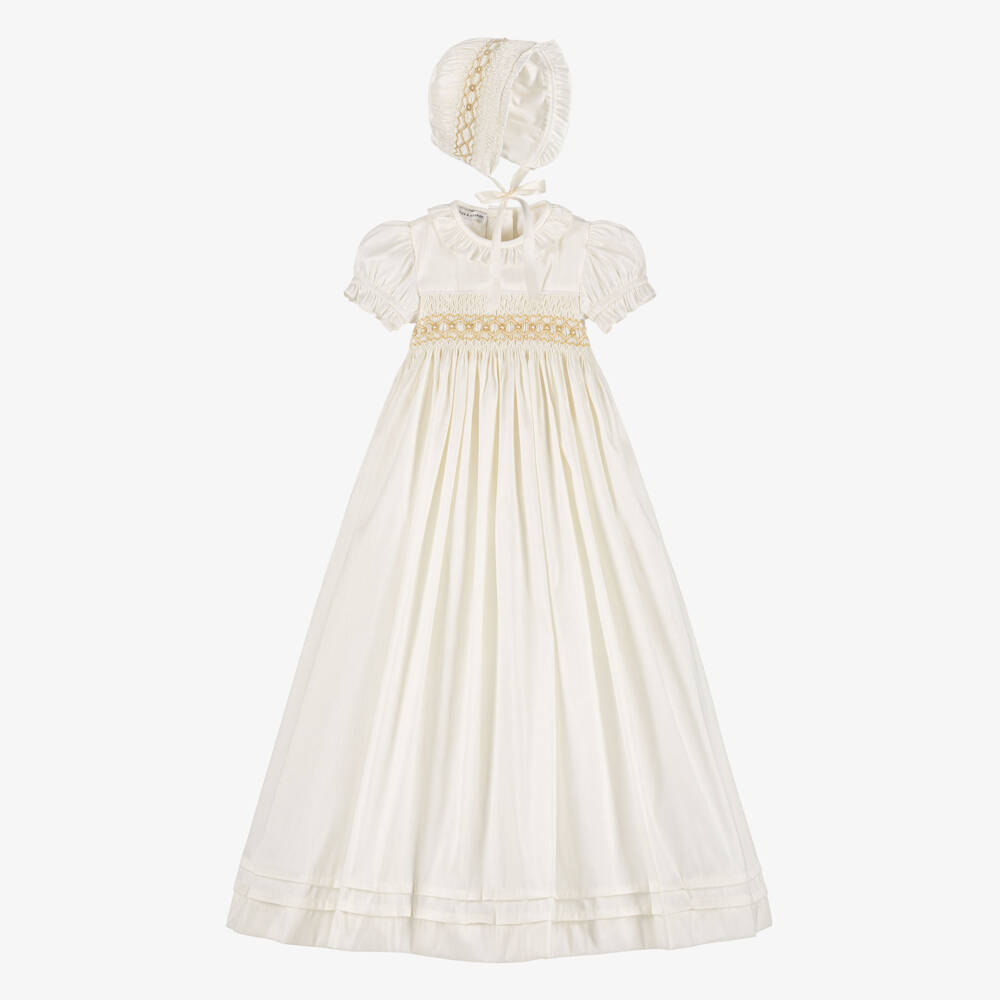 Beatrice & George-Ivory Hand-Smocked Dupion Ceremony Gown & Bonnet Set | Childrensalon