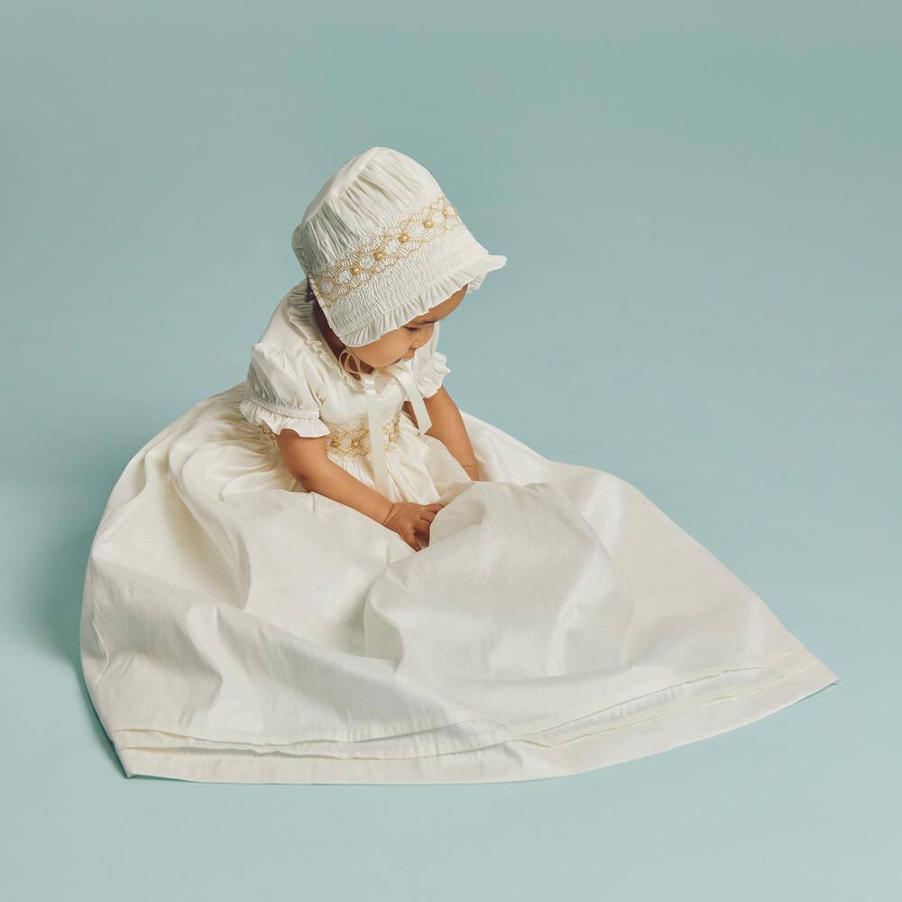 Beatrice & George-Ivory Hand-Smocked Dupion Ceremony Gown & Bonnet Set | Childrensalon