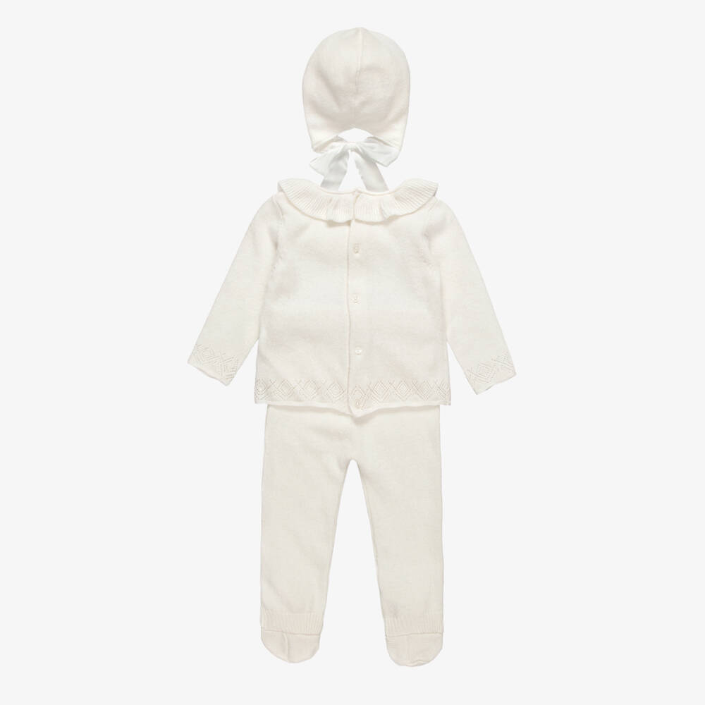 Beatrice & George-Ivory Knitted 2 Piece Babysuit Set with Bonnet | Childrensalon