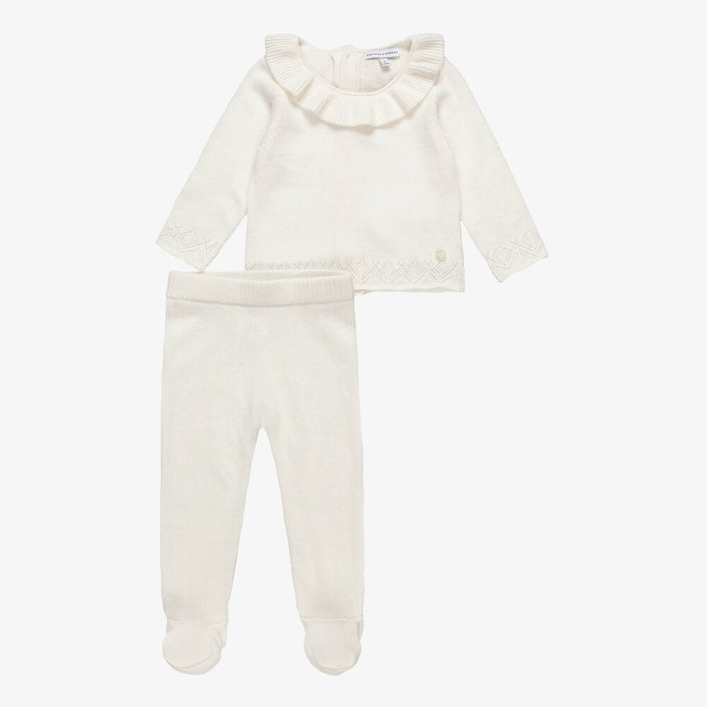 Beatrice & George-Ivory Knitted 2 Piece Babysuit Set with Bonnet | Childrensalon