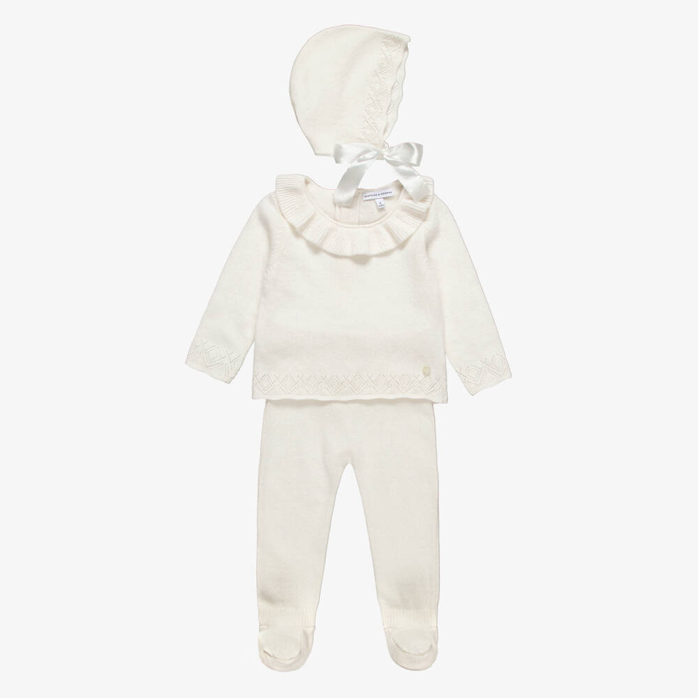 Beatrice & George-Ivory Knitted 2 Piece Babysuit Set with Bonnet | Childrensalon