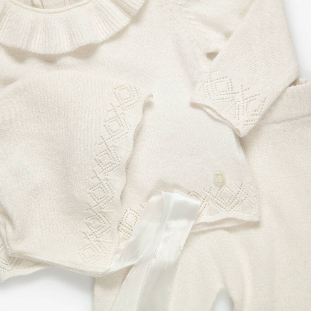 Beatrice & George-Ivory Knitted 2 Piece Babysuit Set with Bonnet | Childrensalon