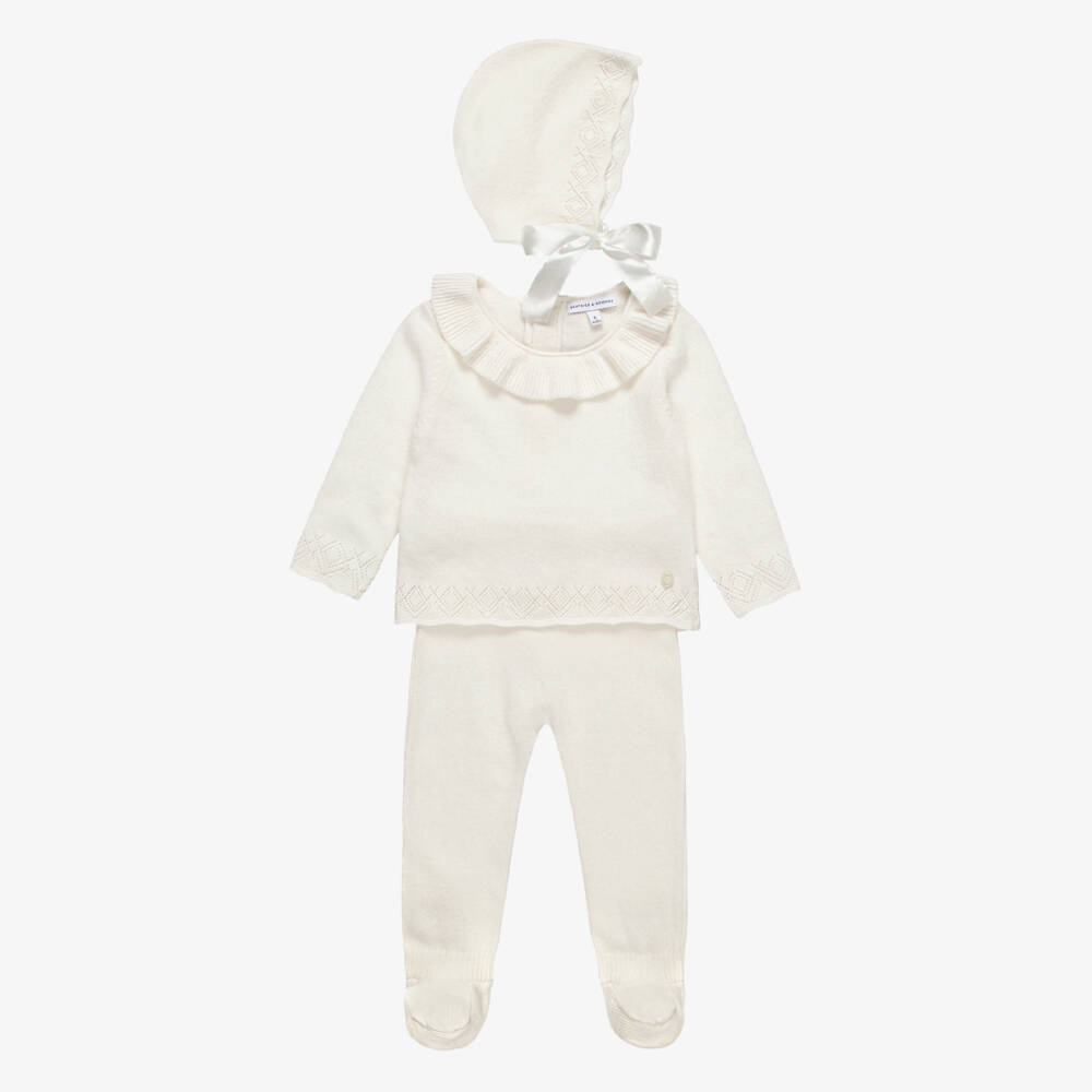 Beatrice & George-Ivory Knitted 2 Piece Babysuit Set with Bonnet | Childrensalon