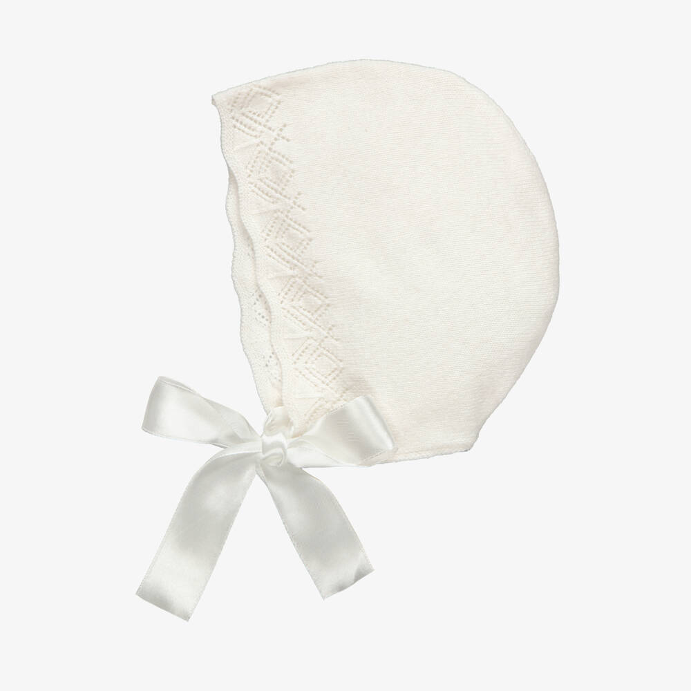 Beatrice & George-Ivory Knitted Baby Bonnet with Satin Ribbons | Childrensalon