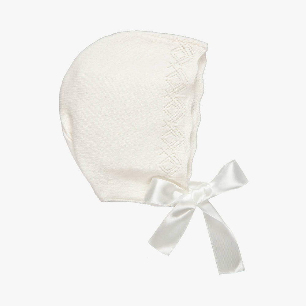 Beatrice & George-Ivory Knitted Baby Bonnet with Satin Ribbons | Childrensalon