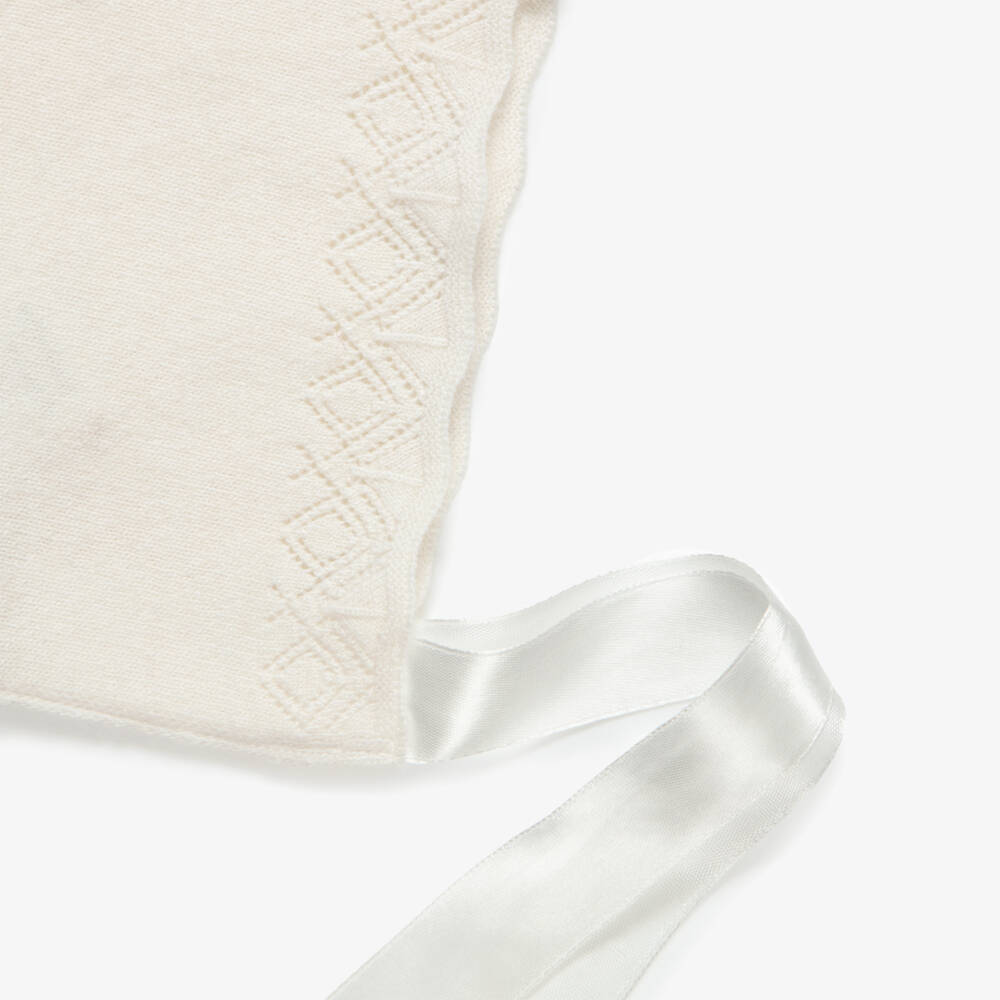 Beatrice & George-Ivory Knitted Baby Bonnet with Satin Ribbons | Childrensalon