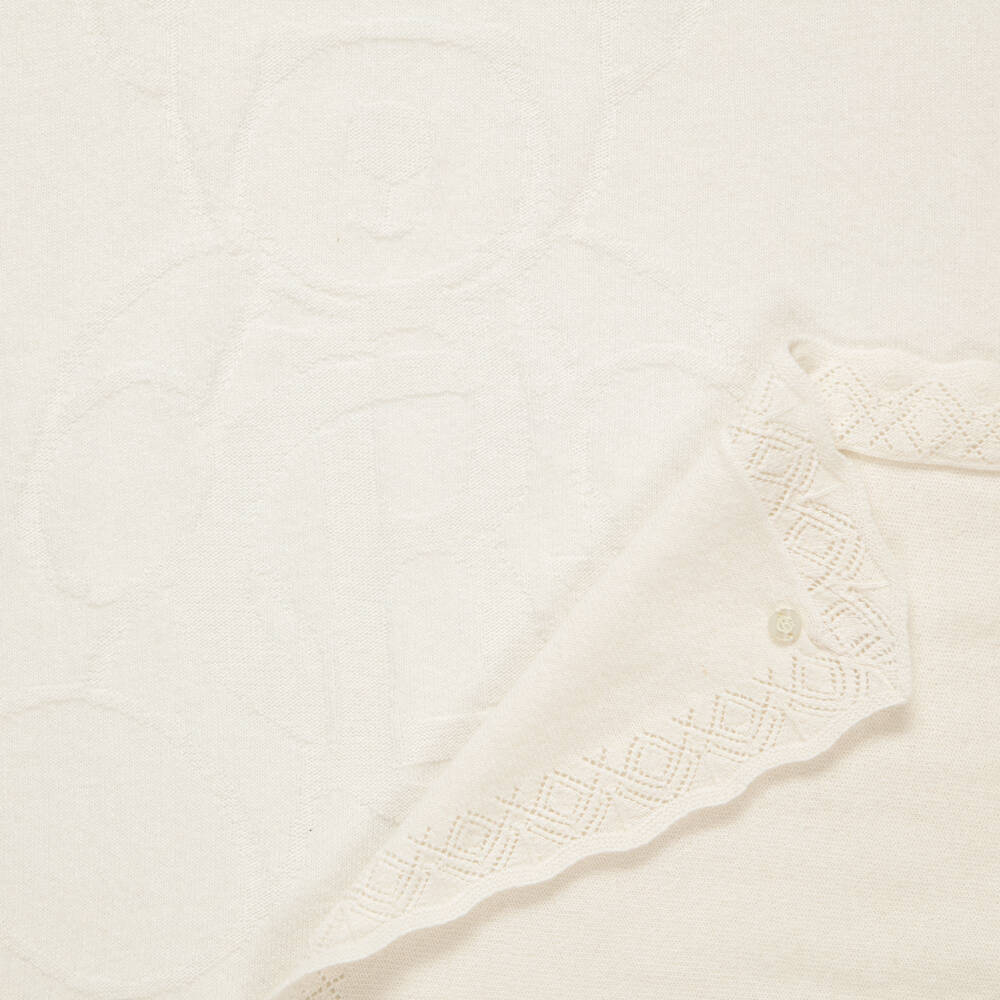 Beatrice & George-Ivory Knitted Blanket with Teddy Motif (96cm) | Childrensalon