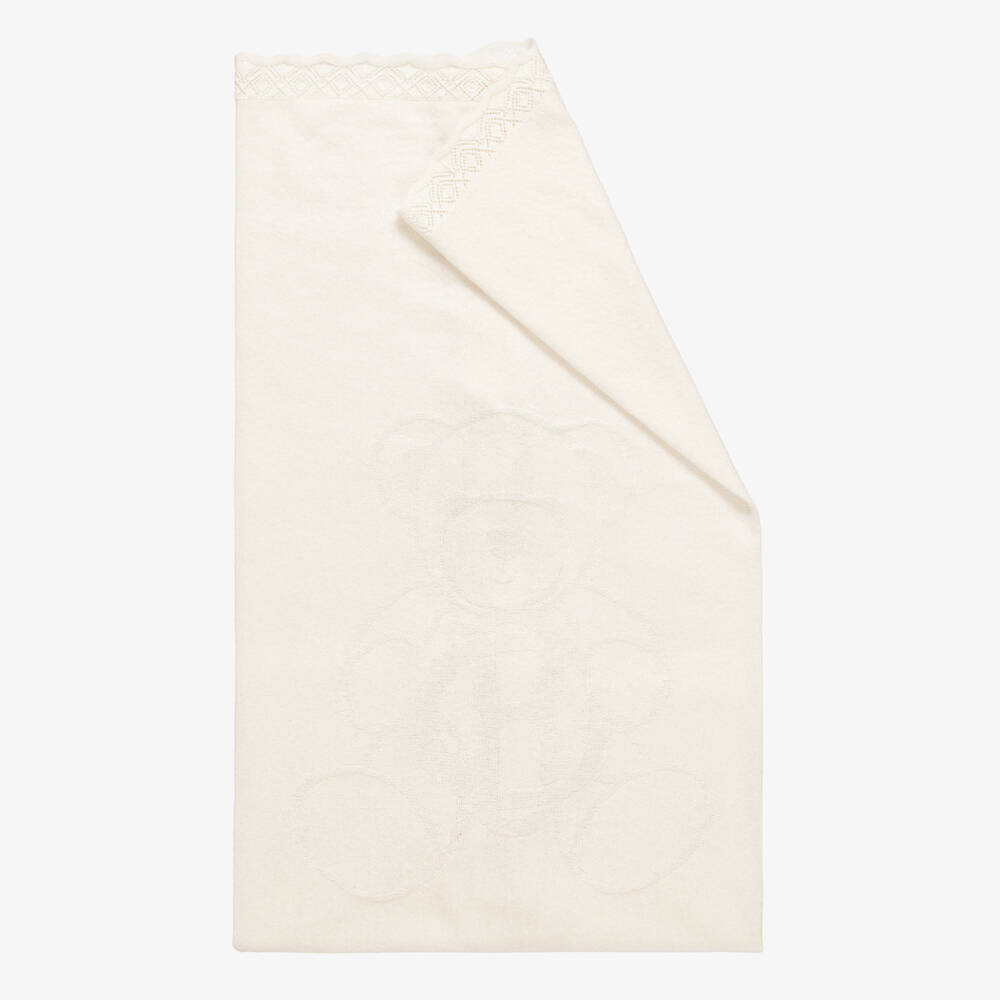 Beatrice & George-Ivory Knitted Blanket with Teddy Motif (96cm) | Childrensalon