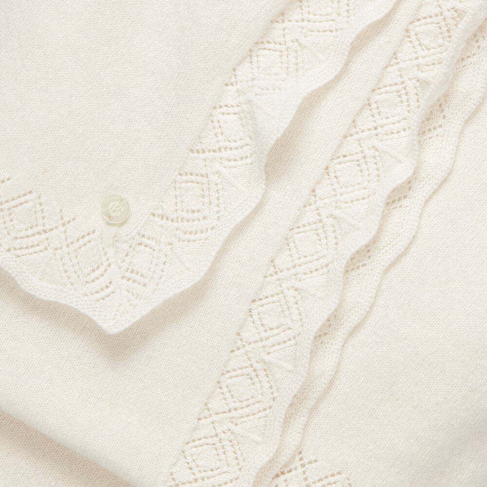 Beatrice & George-Ivory Knitted Blanket with Teddy Motif (96cm) | Childrensalon