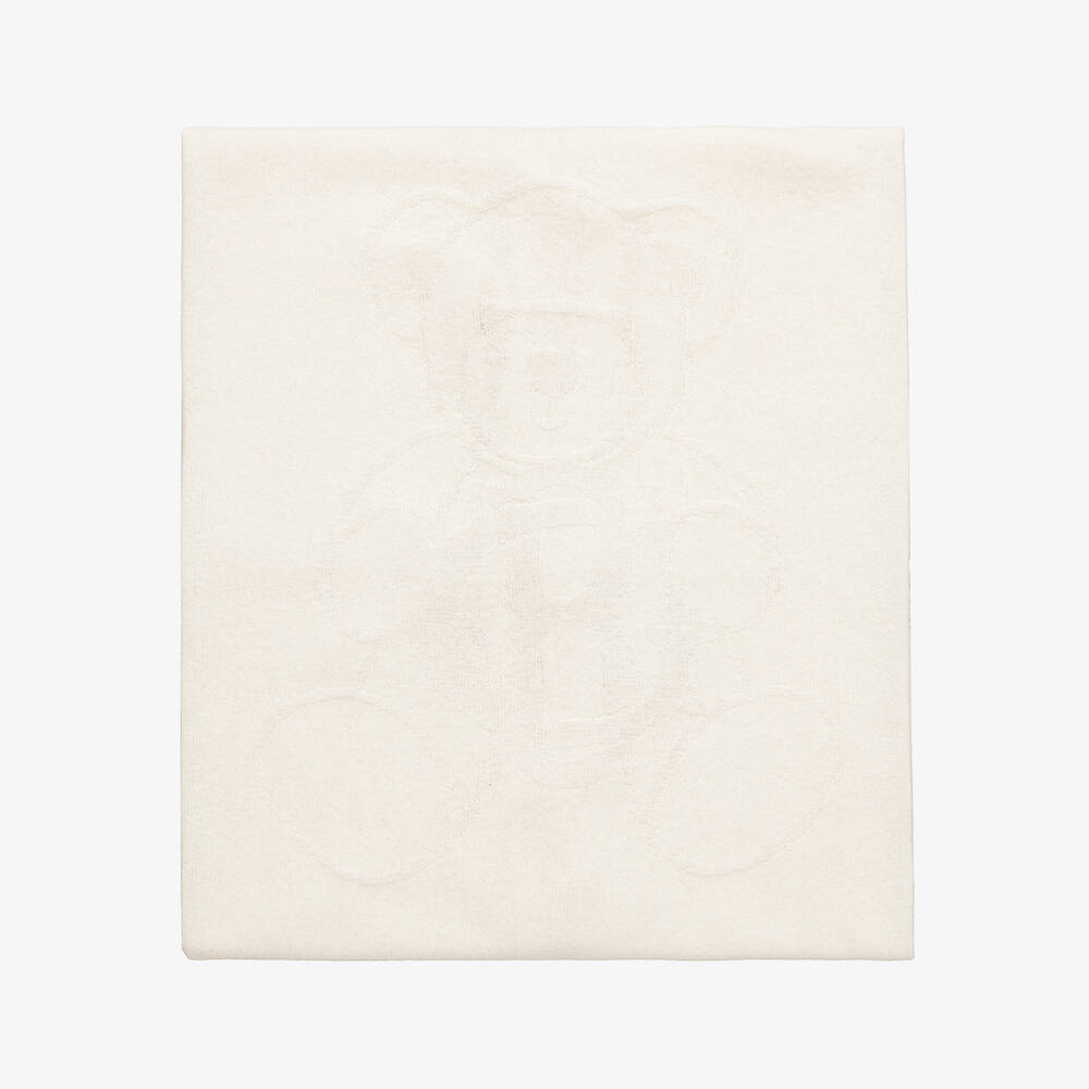 Beatrice & George-Ivory Knitted Blanket with Teddy Motif (96cm) | Childrensalon
