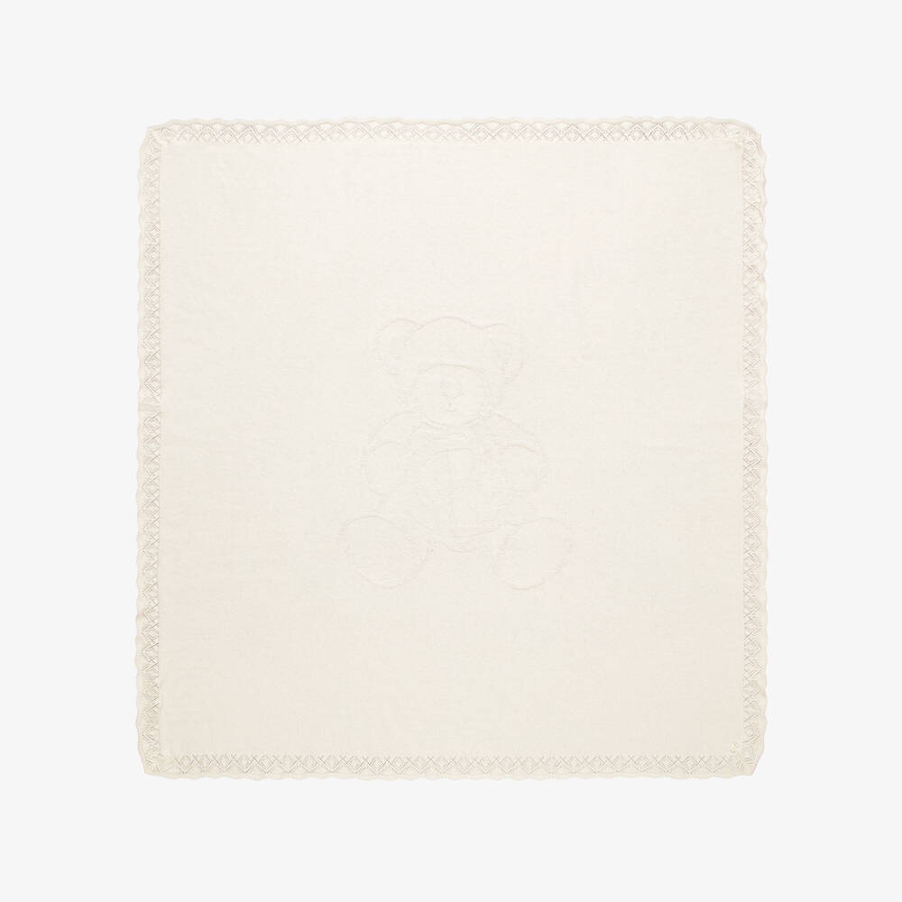 Beatrice & George-Ivory Knitted Blanket with Teddy Motif (96cm) | Childrensalon