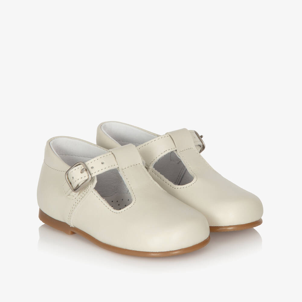 Beatrice & George-Ivory Leather Buckle T-Bar Shoes | Childrensalon