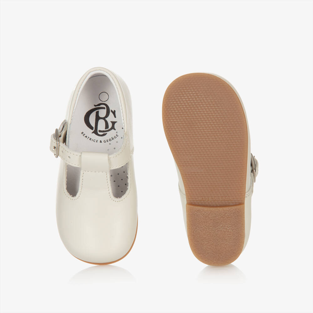 Beatrice & George-Ivory Leather Buckle T-Bar Shoes | Childrensalon
