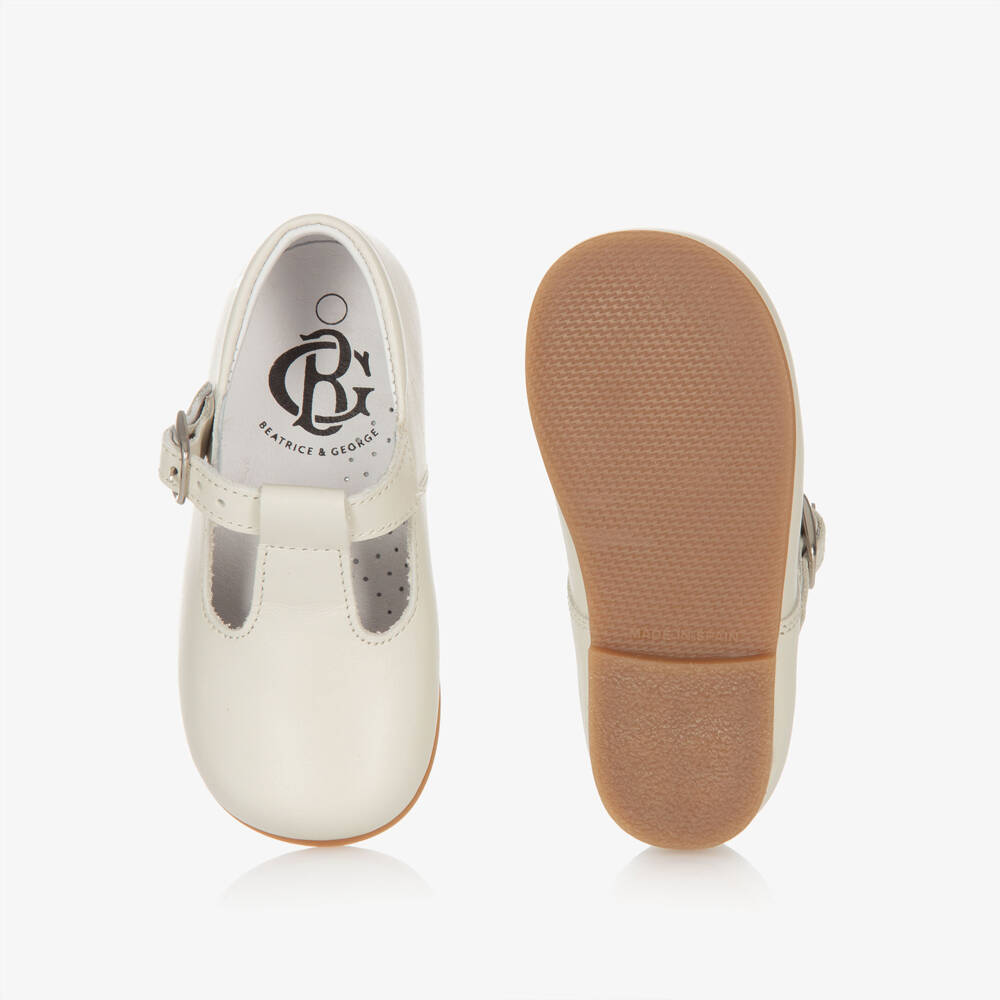 Beatrice & George-Ivory Leather Buckle T-Bar Shoes | Childrensalon