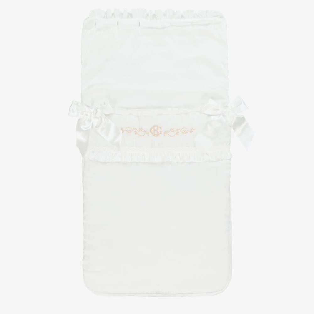 Beatrice & George-Ivory Satin Embroidered Monogram Nest (82cm) | Childrensalon