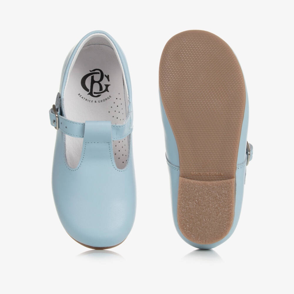 Beatrice & George-Pale Blue Leather Buckle T-Bar Shoes | Childrensalon