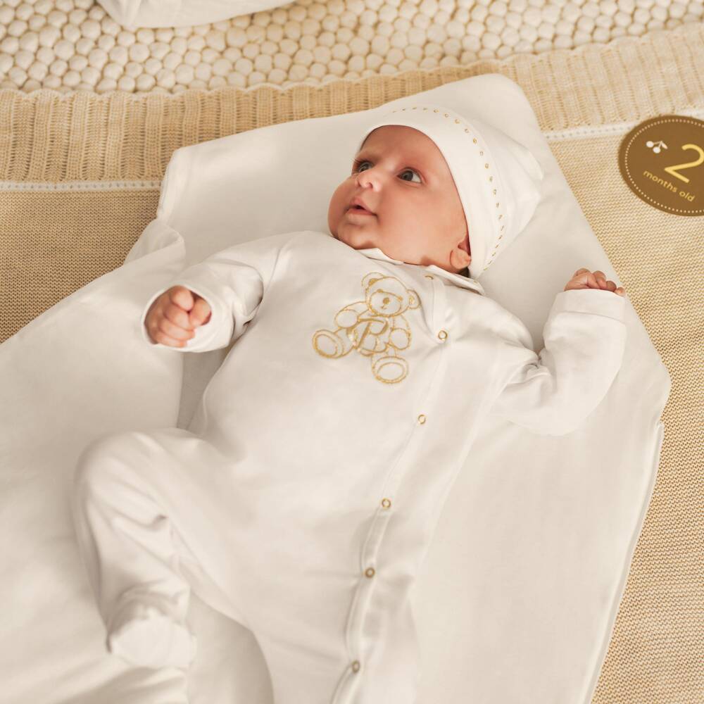Beatrice & George-Pale Ivory Cotton Babysuit Set with Gold Embroidery | Childrensalon