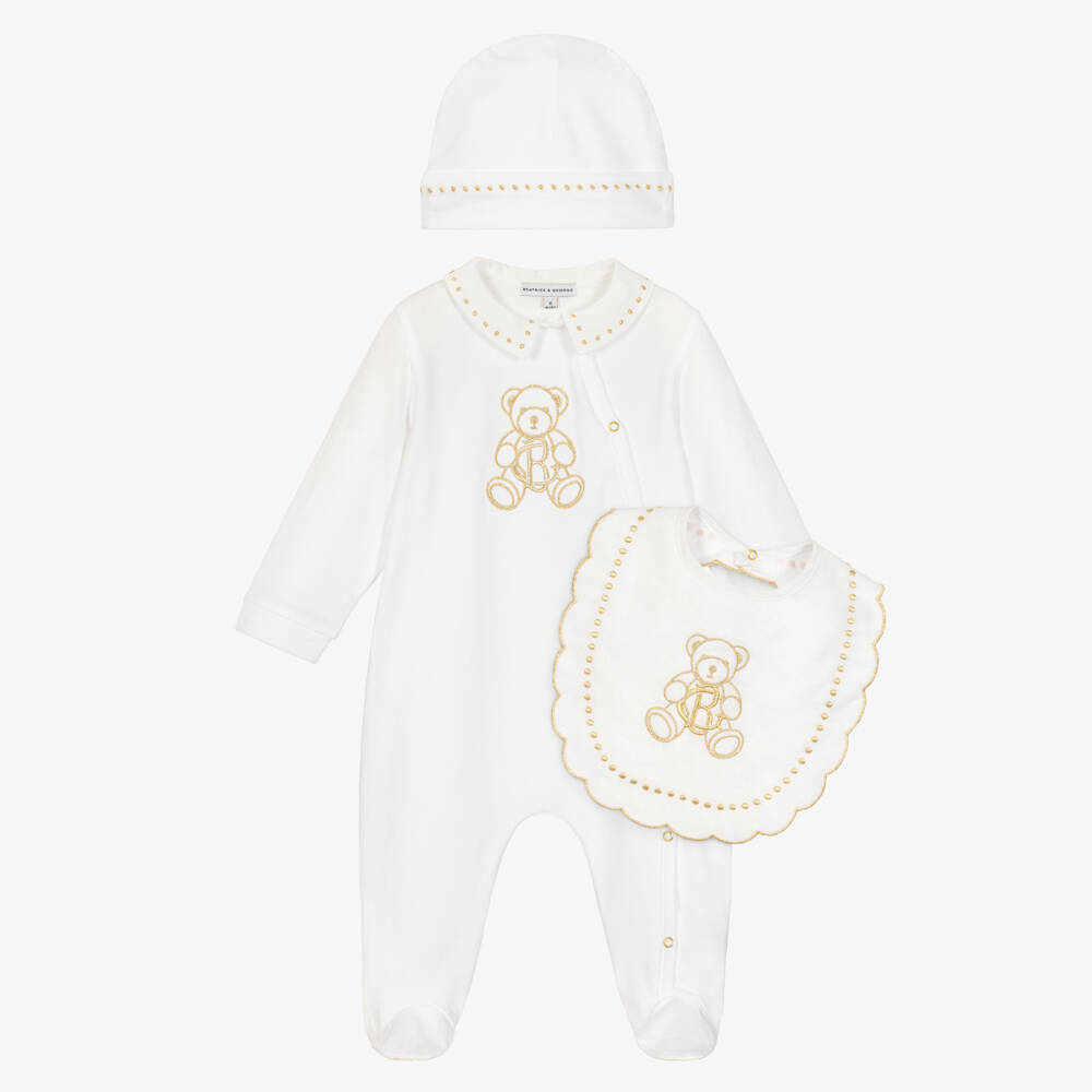 Beatrice & George-Pale Ivory Cotton Babysuit Set with Gold Embroidery | Childrensalon