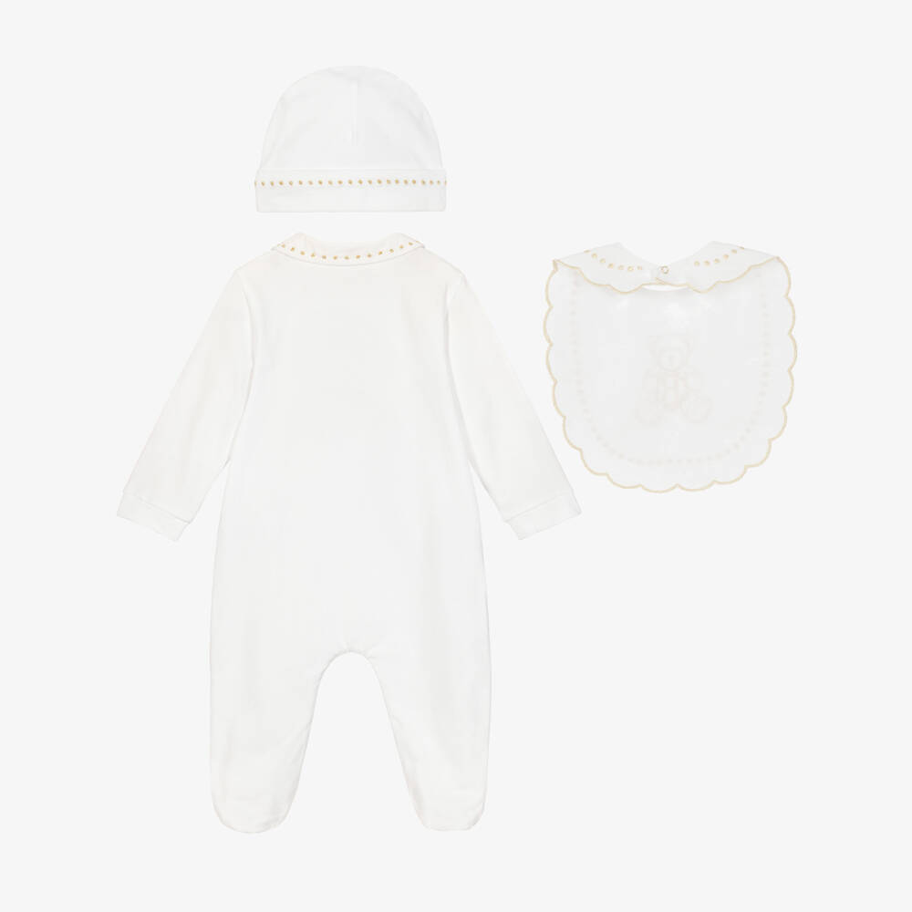 Beatrice & George-Pale Ivory Cotton Babysuit Set with Gold Embroidery | Childrensalon
