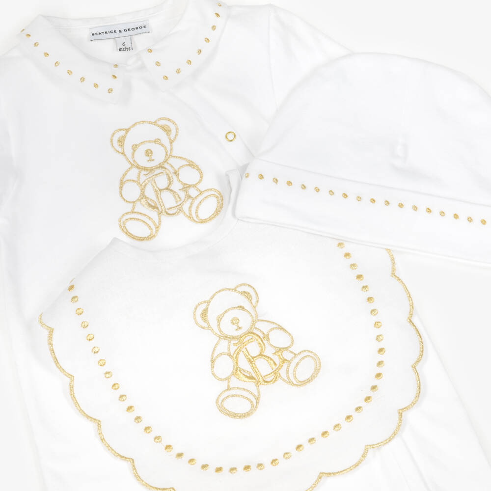 Beatrice & George-Pale Ivory Cotton Babysuit Set with Gold Embroidery | Childrensalon