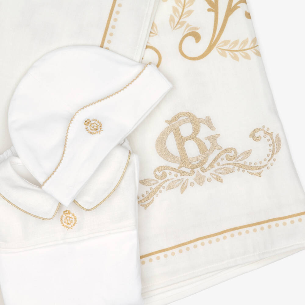 Beatrice & George-Pale Ivory Cotton Babysuit & Swaddle Gift Set | Childrensalon
