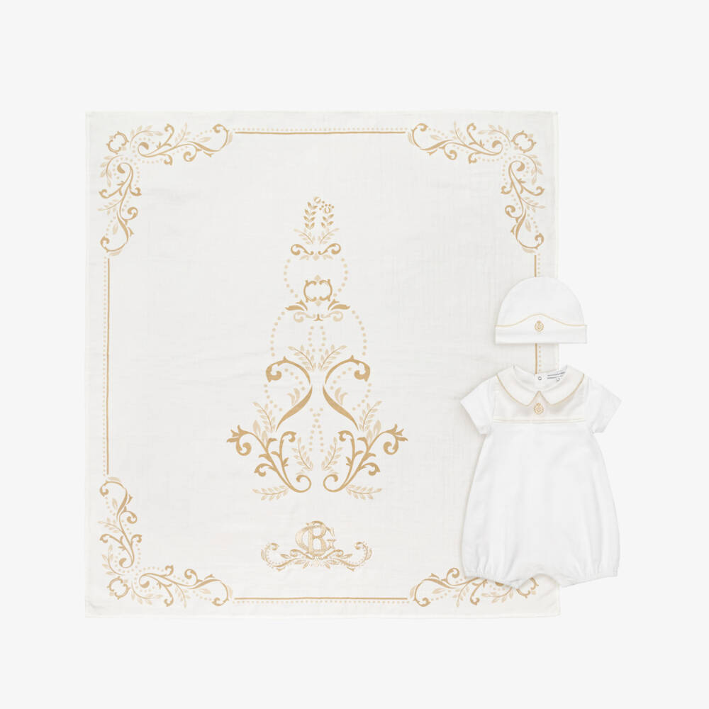 Beatrice & George-Pale Ivory Cotton Babysuit & Swaddle Gift Set | Childrensalon