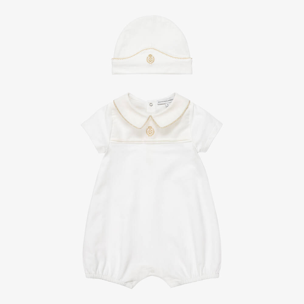 Beatrice & George-Pale Ivory Cotton Babysuit & Swaddle Gift Set | Childrensalon