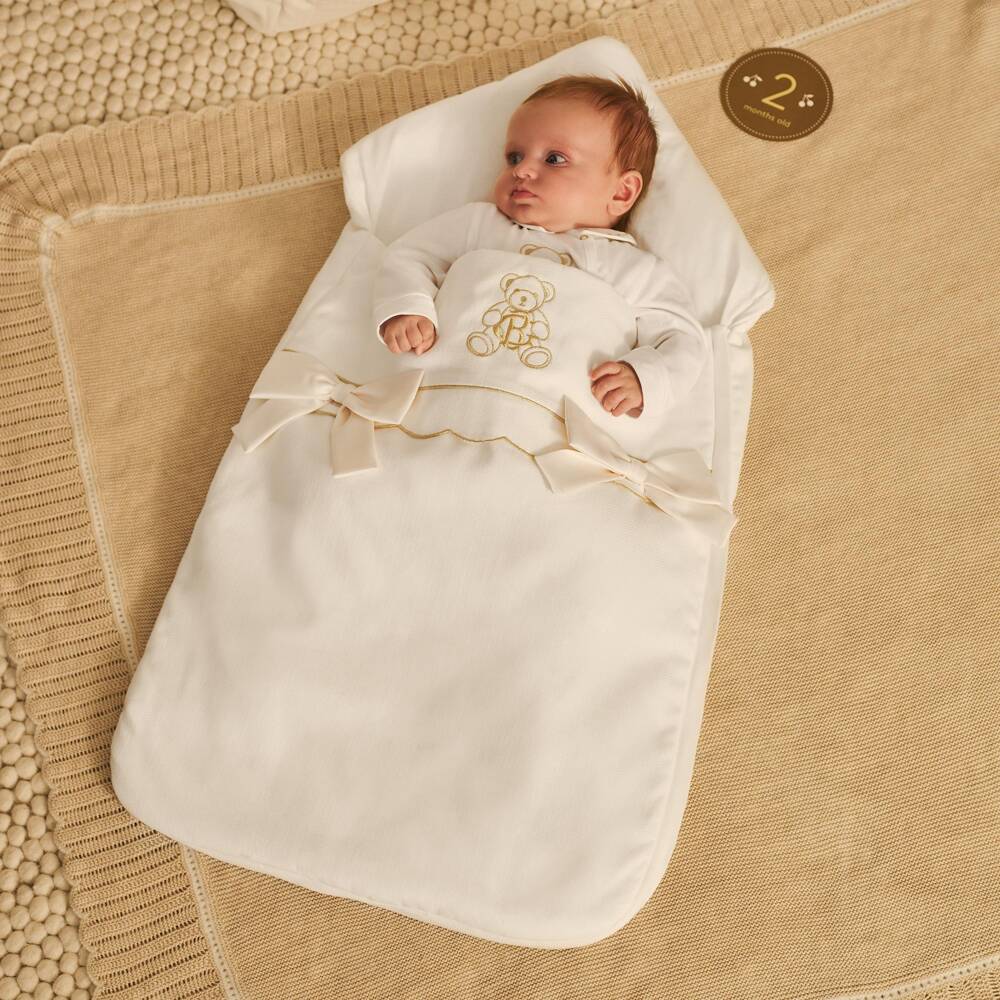 Beatrice & George-Pale Ivory Embroidered Monogram Baby Nest (85cm) | Childrensalon